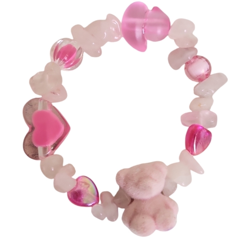 Hand Crafted Pink Quartz Acrylic Heart Pink Flocked Bear Bracelet